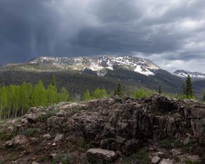 Preview wallpaper mountains, landscape, forest, trees, stones