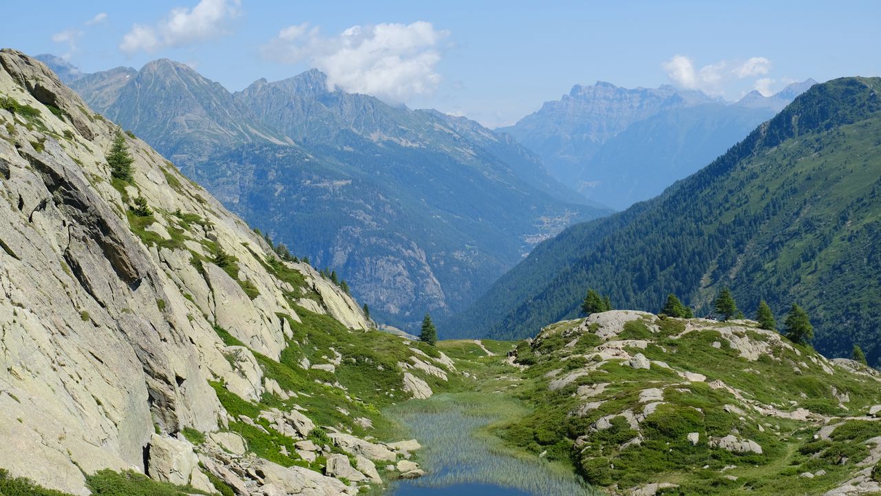 Wallpaper mountains, landscape, grass, water, nature