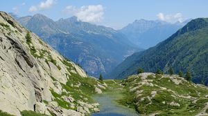 Preview wallpaper mountains, landscape, grass, water, nature