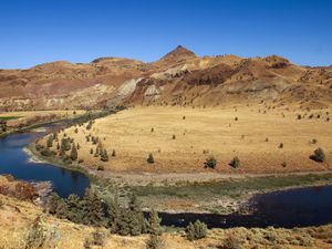 Preview wallpaper mountains, landscape, hills, valley, river, trees