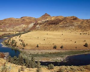 Preview wallpaper mountains, landscape, hills, valley, river, trees