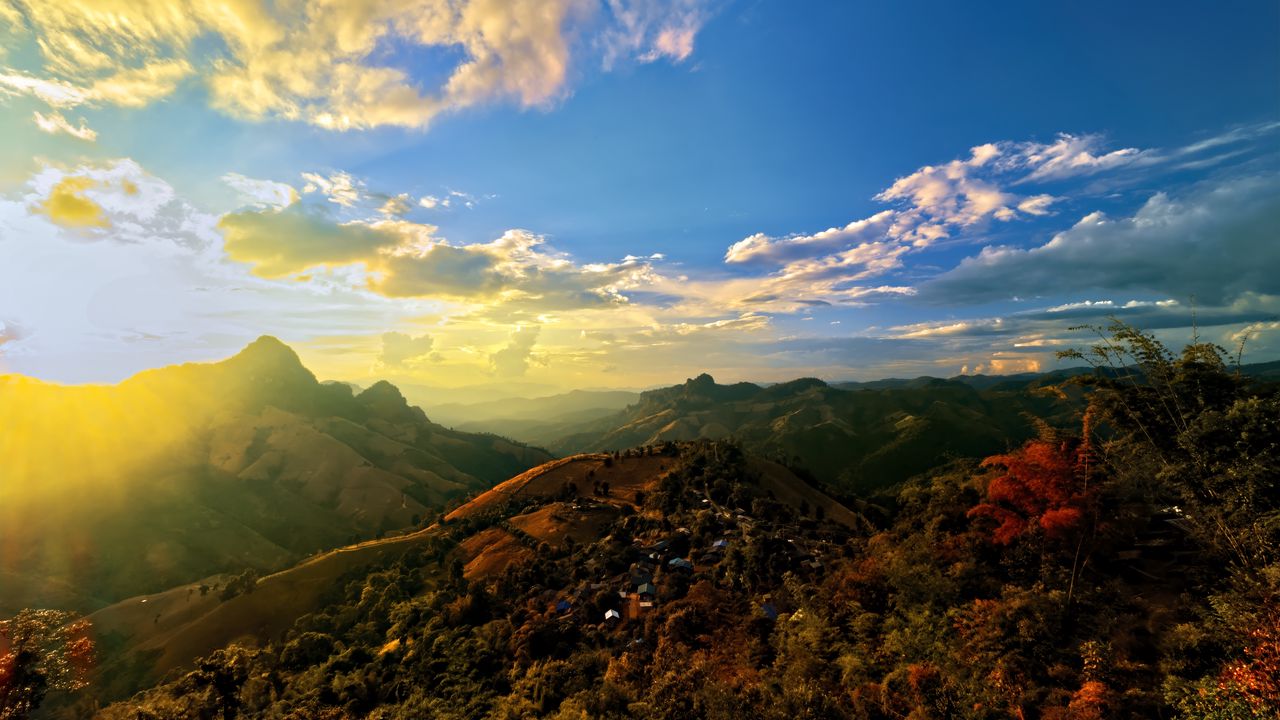 Wallpaper mountains, landscape, rays, sky, nature