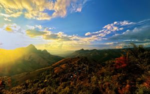 Preview wallpaper mountains, landscape, rays, sky, nature