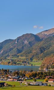 Preview wallpaper mountains, landscape, slopes, lake, houses, valley