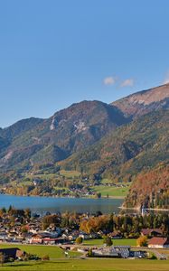 Preview wallpaper mountains, landscape, slopes, lake, houses, valley