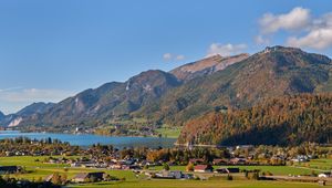 Preview wallpaper mountains, landscape, slopes, lake, houses, valley