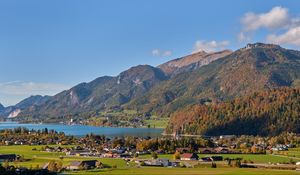 Preview wallpaper mountains, landscape, slopes, lake, houses, valley