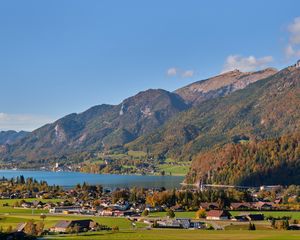 Preview wallpaper mountains, landscape, slopes, lake, houses, valley