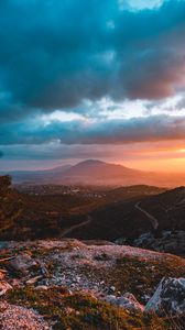 Preview wallpaper mountains, landscape, sunset, view, overview, hilly