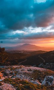 Preview wallpaper mountains, landscape, sunset, view, overview, hilly