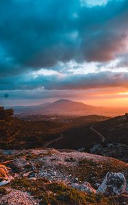 Preview wallpaper mountains, landscape, sunset, view, overview, hilly
