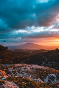 Preview wallpaper mountains, landscape, sunset, view, overview, hilly