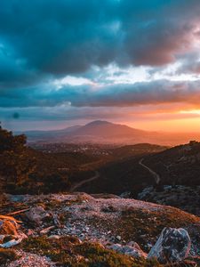 Preview wallpaper mountains, landscape, sunset, view, overview, hilly