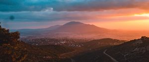 Preview wallpaper mountains, landscape, sunset, view, overview, hilly