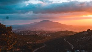 Preview wallpaper mountains, landscape, sunset, view, overview, hilly