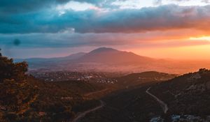 Preview wallpaper mountains, landscape, sunset, view, overview, hilly