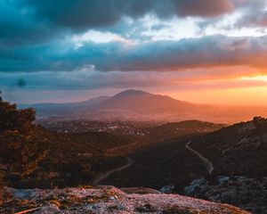 Preview wallpaper mountains, landscape, sunset, view, overview, hilly