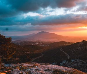 Preview wallpaper mountains, landscape, sunset, view, overview, hilly