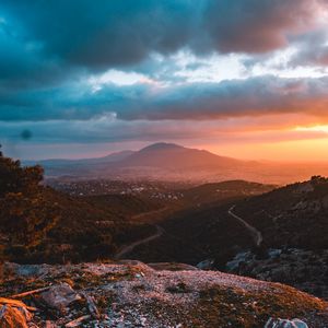 Preview wallpaper mountains, landscape, sunset, view, overview, hilly