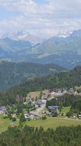 Preview wallpaper mountains, landscape, trees, nature, houses