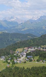 Preview wallpaper mountains, landscape, trees, nature, houses