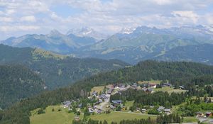 Preview wallpaper mountains, landscape, trees, nature, houses