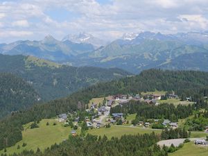 Preview wallpaper mountains, landscape, trees, nature, houses