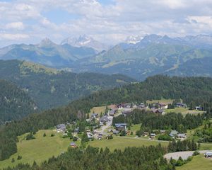 Preview wallpaper mountains, landscape, trees, nature, houses