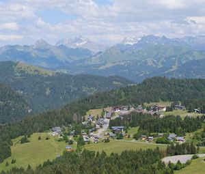 Preview wallpaper mountains, landscape, trees, nature, houses