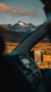 Preview wallpaper mountains, landscape, view, car, overview