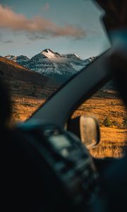 Preview wallpaper mountains, landscape, view, car, overview