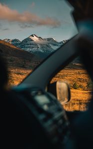 Preview wallpaper mountains, landscape, view, car, overview