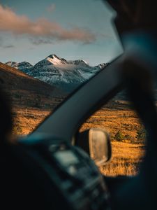 Preview wallpaper mountains, landscape, view, car, overview