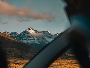 Preview wallpaper mountains, landscape, view, car, overview