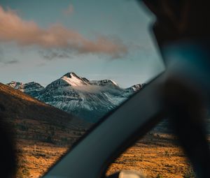 Preview wallpaper mountains, landscape, view, car, overview