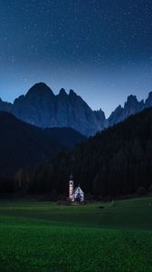 Preview wallpaper mountains, lawn, night, building, landscape