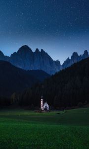 Preview wallpaper mountains, lawn, night, building, landscape