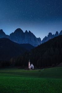 Preview wallpaper mountains, lawn, night, building, landscape