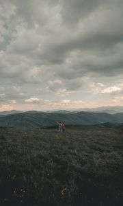 Preview wallpaper mountains, lawn, people, greenery, landscape