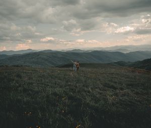 Preview wallpaper mountains, lawn, people, greenery, landscape