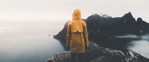 Preview wallpaper mountains, loneliness, hood, fog, solitude, alone, senja, norway