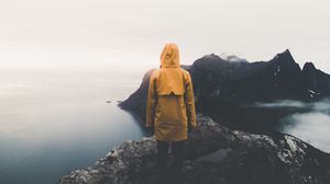 Preview wallpaper mountains, loneliness, hood, fog, solitude, alone, senja, norway