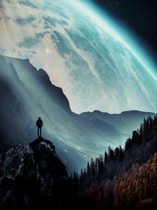 Preview wallpaper mountains, man, alone, illusion