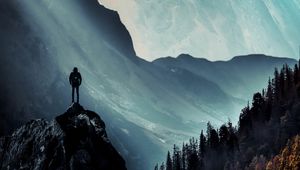 Preview wallpaper mountains, man, alone, illusion
