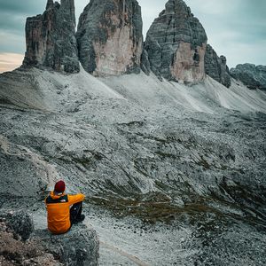 Preview wallpaper mountains, man, alone, nature, view