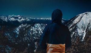Preview wallpaper mountains, man, back, view, sunset
