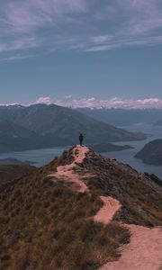 Preview wallpaper mountains, man, hill, freedom