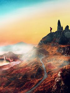 Preview wallpaper mountains, man, solitude, path, photoshop