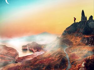Preview wallpaper mountains, man, solitude, path, photoshop