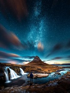 Preview wallpaper mountains, man, starry sky, waterfall, river